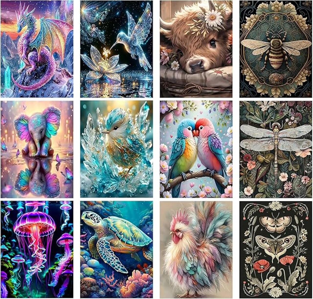 12 Pack 5D Diamond Painting Kits for Adults, Round Drill Animal Diamond Art Set, DIY Gem Art Canvases for Home Décor & Gifting (12×16 inch)